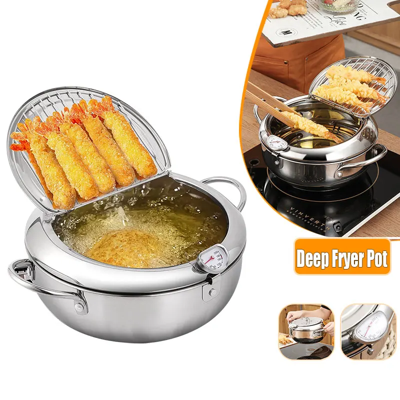 

Stainless Steel Deep Fryer Pot Japanese Tempura Small Deep Fryer Nonstick Oil Frying Pot With Thermometer Oil Drip Drainer Rack