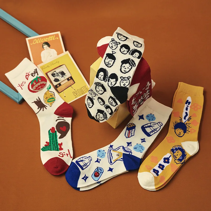 5 Pairs Personality Tide Socks Graffiti Socks Funny Korean Version Sports Couple Socks Harajuku Style Colorful Cute Flower Socks