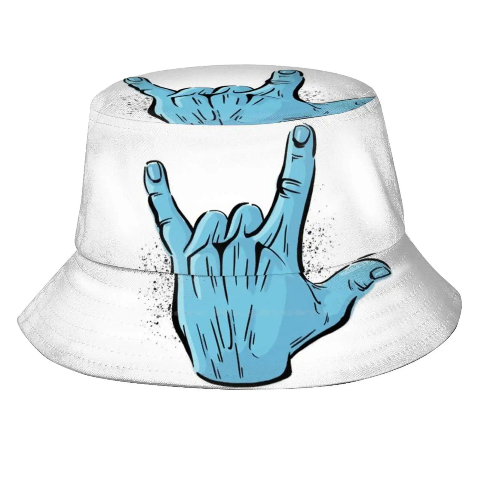 Rock On! Flat Top Breathable Bucket Hats Rockon Respect Love Blue Spraypaint Graphic Dio Ozzy Rockmusic Metalmusic Signlanguage