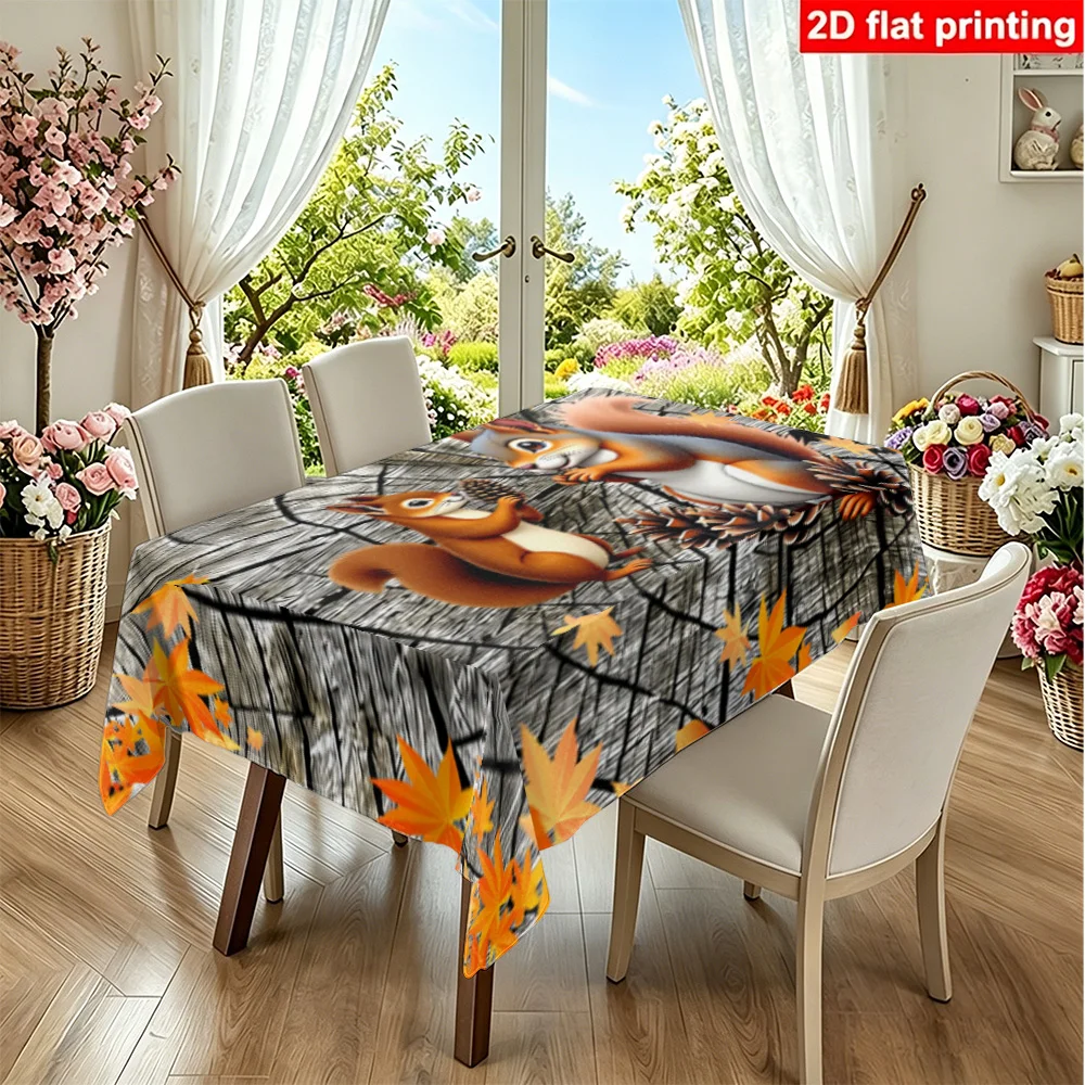 1PC Rectangular table runner designed with cute squirrels, pine cones and autumn maple leaves made of durable polyester fabric f