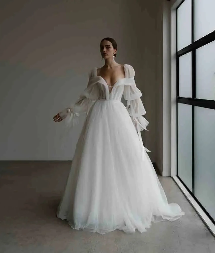 

Customized Graceful Tulle A-Line Off the Shoulder Detachable Sleeve Sequined Evening Dress Delicate Sweetheart prom dresses