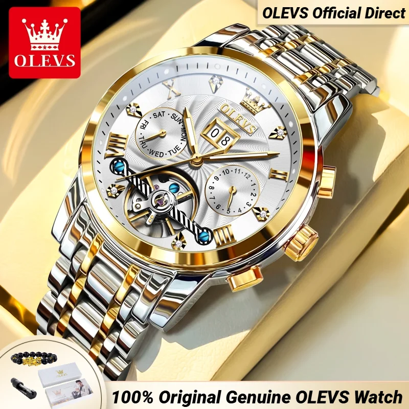 OLEVS 9910 Tourbillon relojes para hombre calendario Dual resistente al agua de acero inoxidable luminoso reloj mecánico automático de lujo para hombres