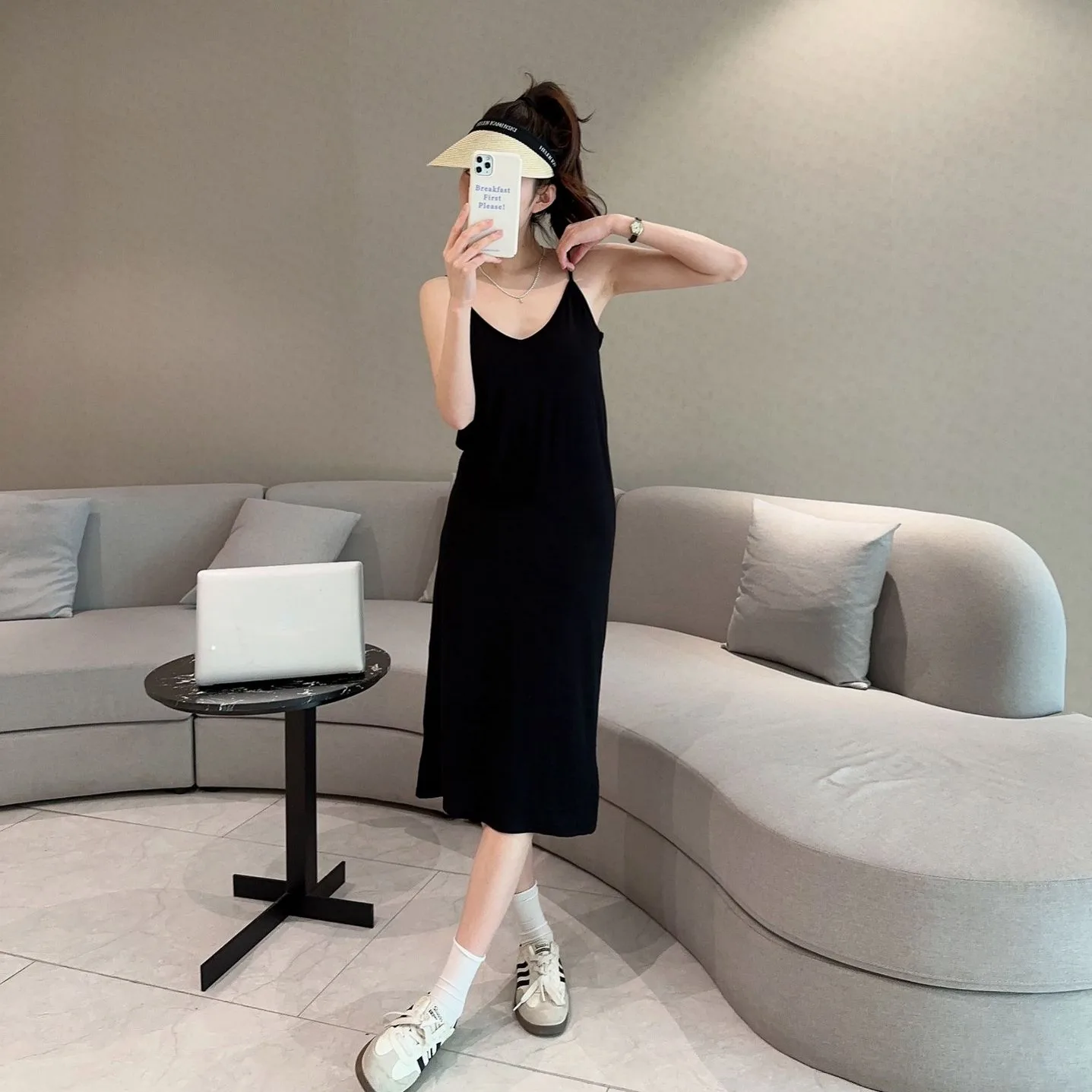 V-Neck Spaghetti Strap Dress Bra Padded Summer women\'s slipdress Solid color Camisole Homewear dresses Comfortable Sleepdress