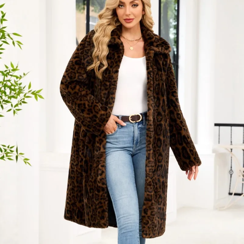 

2025 Winter Retro Womens Faux Fox Fur Overcoat Thicken Keep Warm Jackets Coats Fur Fluffy Leopard Long Coats Jacket Outerwear