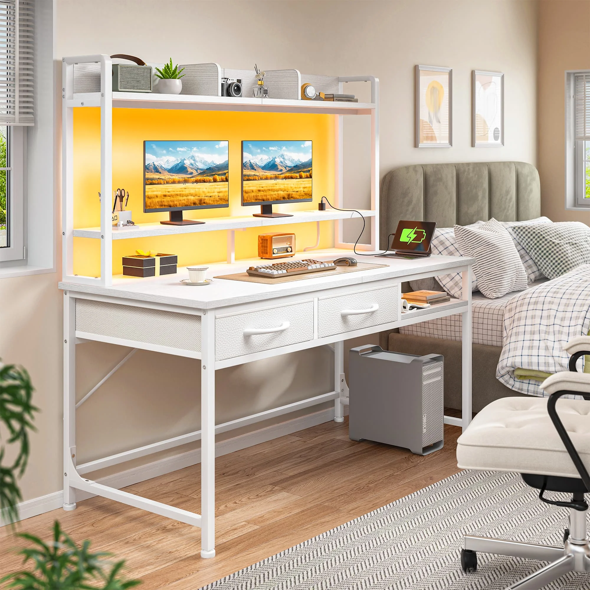 

EnHomee 47.2" Gaming Desk with Hutch & Drawers, Computer Desk Equipped with RGB LED Light and Power Outlet, Office Desk with Shelves & Monitor Stand, Study Writing Desk for Small Space Bedroom & Study Room
