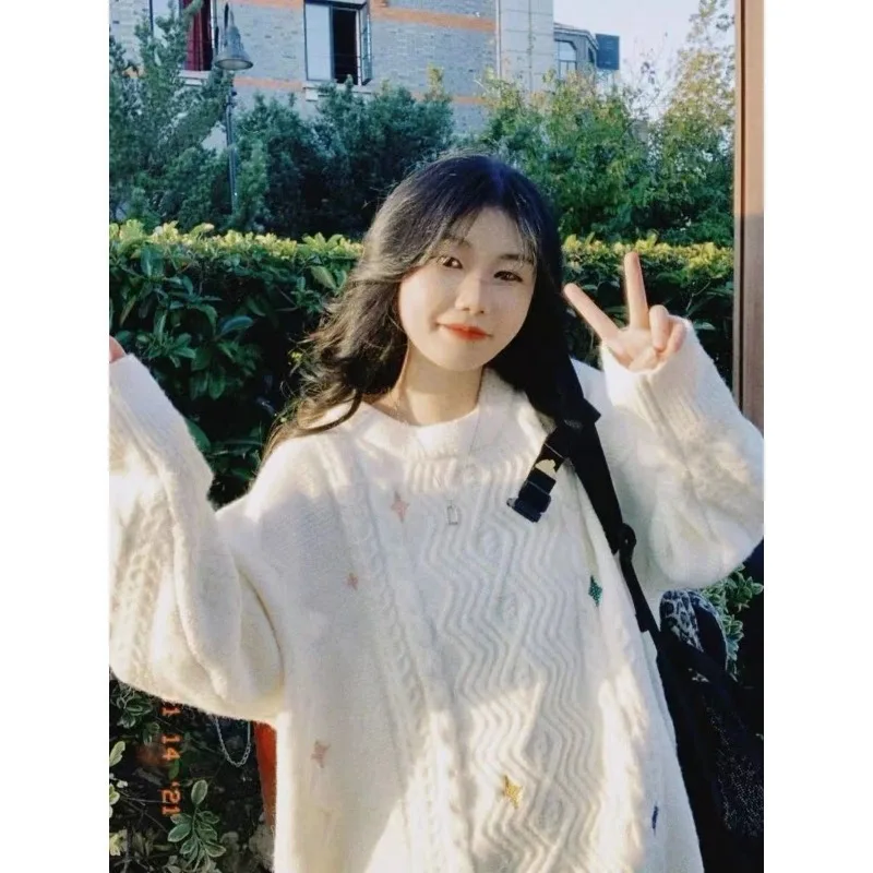 Japanese Style Women's Sweaters Autumn and Winter Loose O-neck Solid Color Sweet Girls Casual Daily Kawaii Pullovers Female
