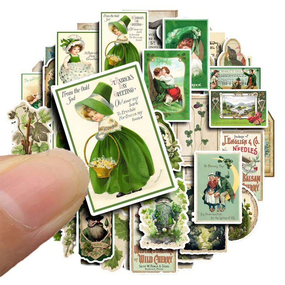 

10/30/50pcs Retro Art Green Pattern Aesthetic Stickers Cartoon Oil Painting Sticker Notebook Guitar Luggage Graffiti Decals Pack
