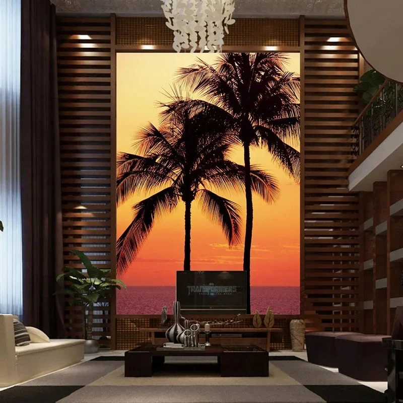 Custom Size 3D Seaside Sunrise Coconut Tree Seascape Photo Mural Canvas Wallpaper for Entrance Corridor Background Wall Decor