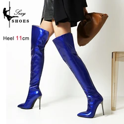 Long Boots for Women Dark Blue Pointed Toe Metal Stiletto Heel Patent Leather Over-the-Knee Female Shoes Large Size Short Plush