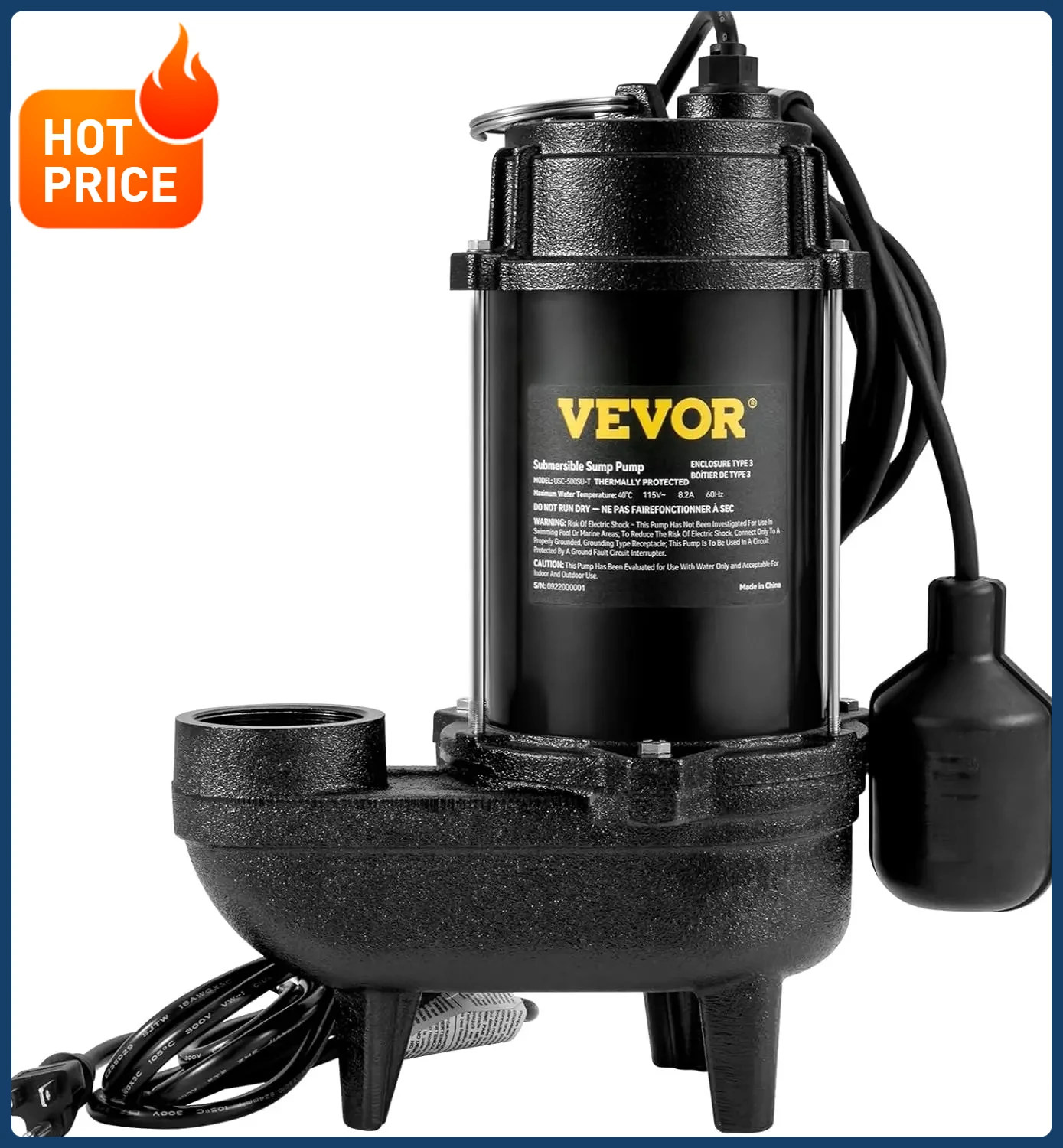 

5880 GPH Larger-Flow, Cast Iron Submersible Sump Pump, 3/4 HP Submersible Sewage Pump, Tethered Float Switch, 10 FT Power Cord