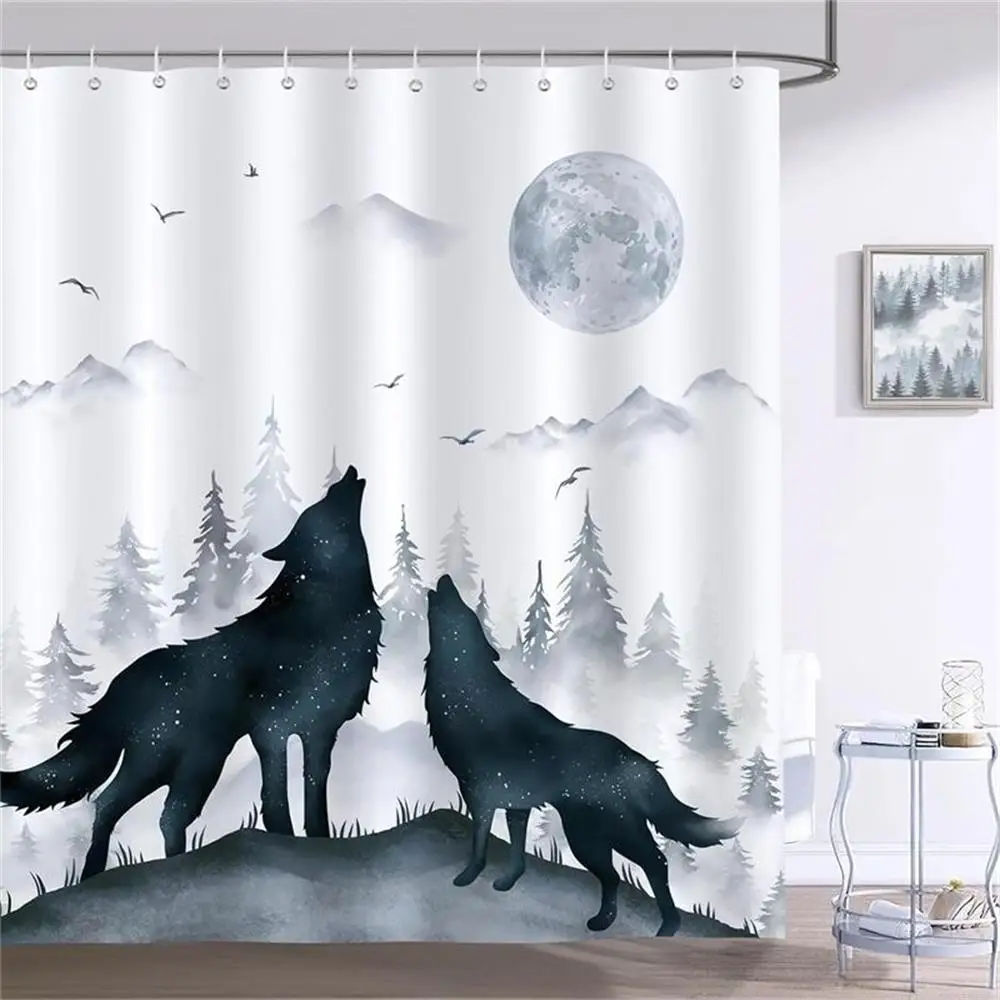 

Forest Wolf Shower Curtains Full Moon Mountain Winter Cedar Grey Blue Bathroom Decor Polyester Fabric Bath Curtain with Hooks