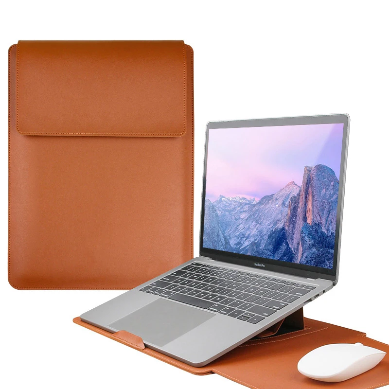 Capa Multifuncional de Couro PU para Laptop, Bolsa Impermeável com Suporte para Notebooks de 13, 14, 15 e 16 Polegadas (Air/Pro)