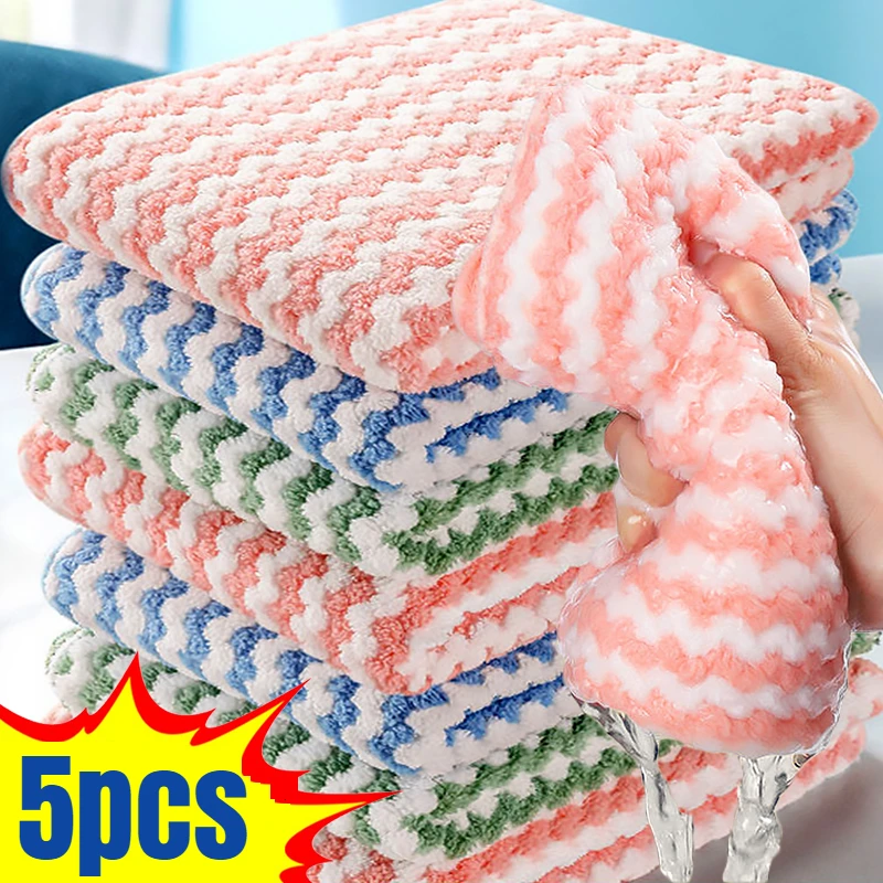 5/1pcs Coral Fleece Dishcloths Super Absorbent Cleaning Cloths Scouring Pads Kitchen Washing Dish Rags Glass Windows Wipe Towel