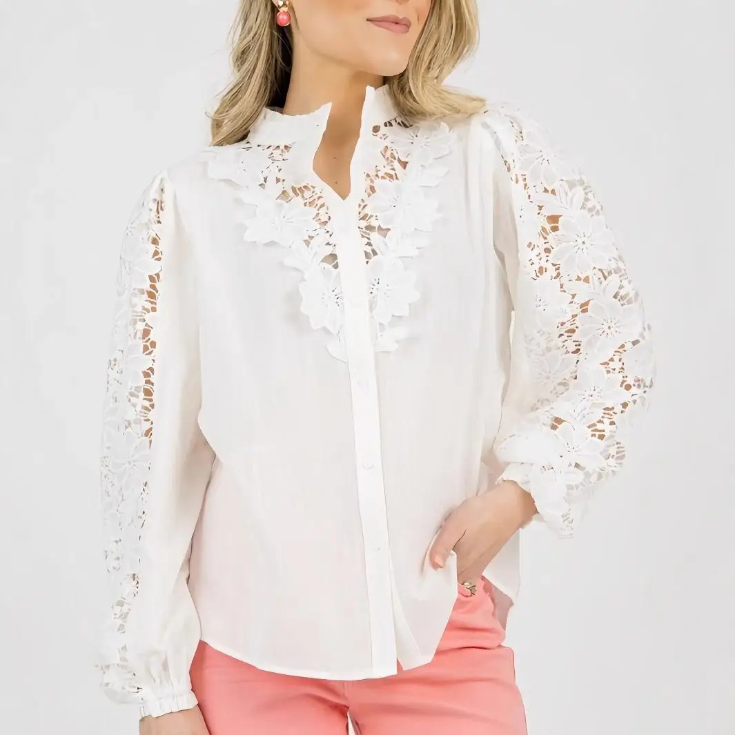 

Casual Floral Lace Women's irt Long Sve Button up Summer Top Commute Sle Thin Fabric Plant Pattern Silk Luster