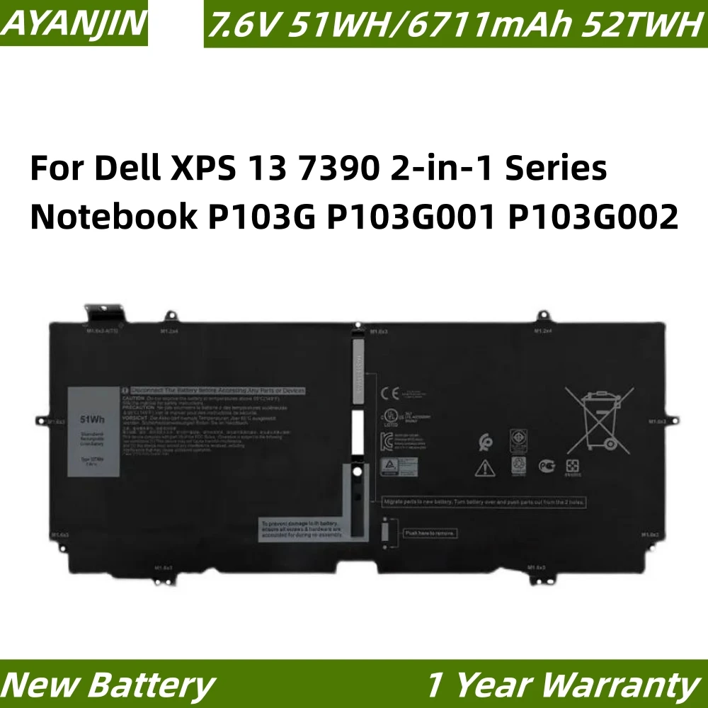 52TWH 7.6V 51WH Laptop Battery For Dell XPS 13 7390 2-in-1 Series Notebook P103G P103G001 P103G002 MM6M8 0MM6M8 XX3T7