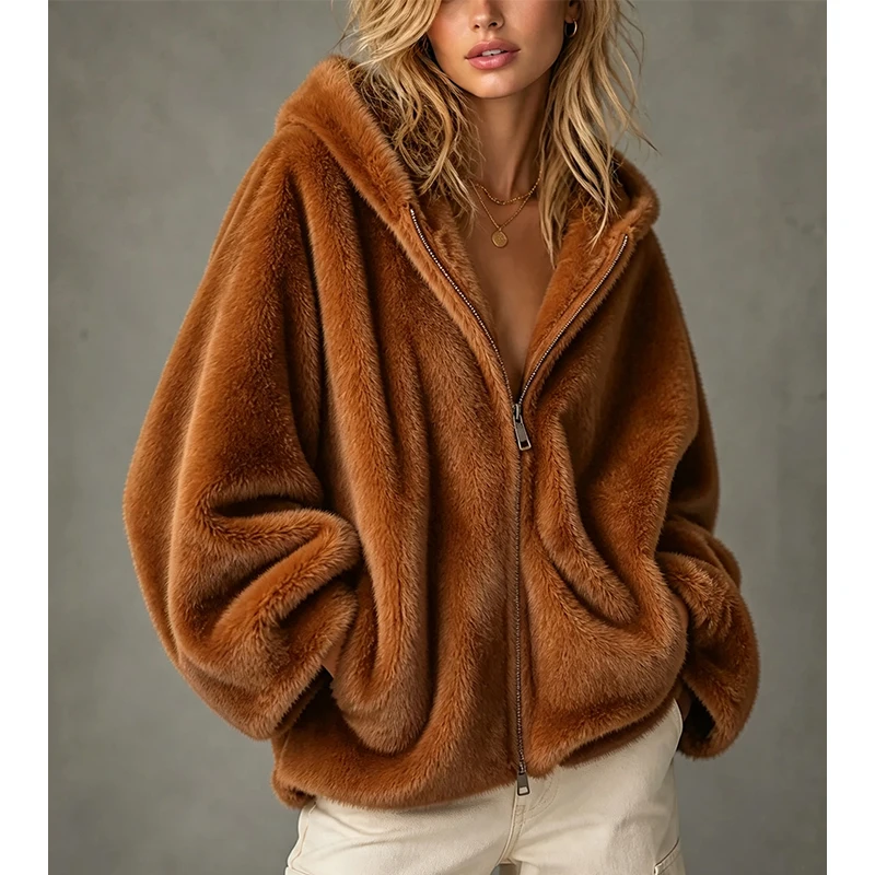 Burgundy Faux Mink Fur Hooded Jacket for Women Oversized Zip Up Fluffy Plush Coat with Side Pockets Loose Warm Winter Coat