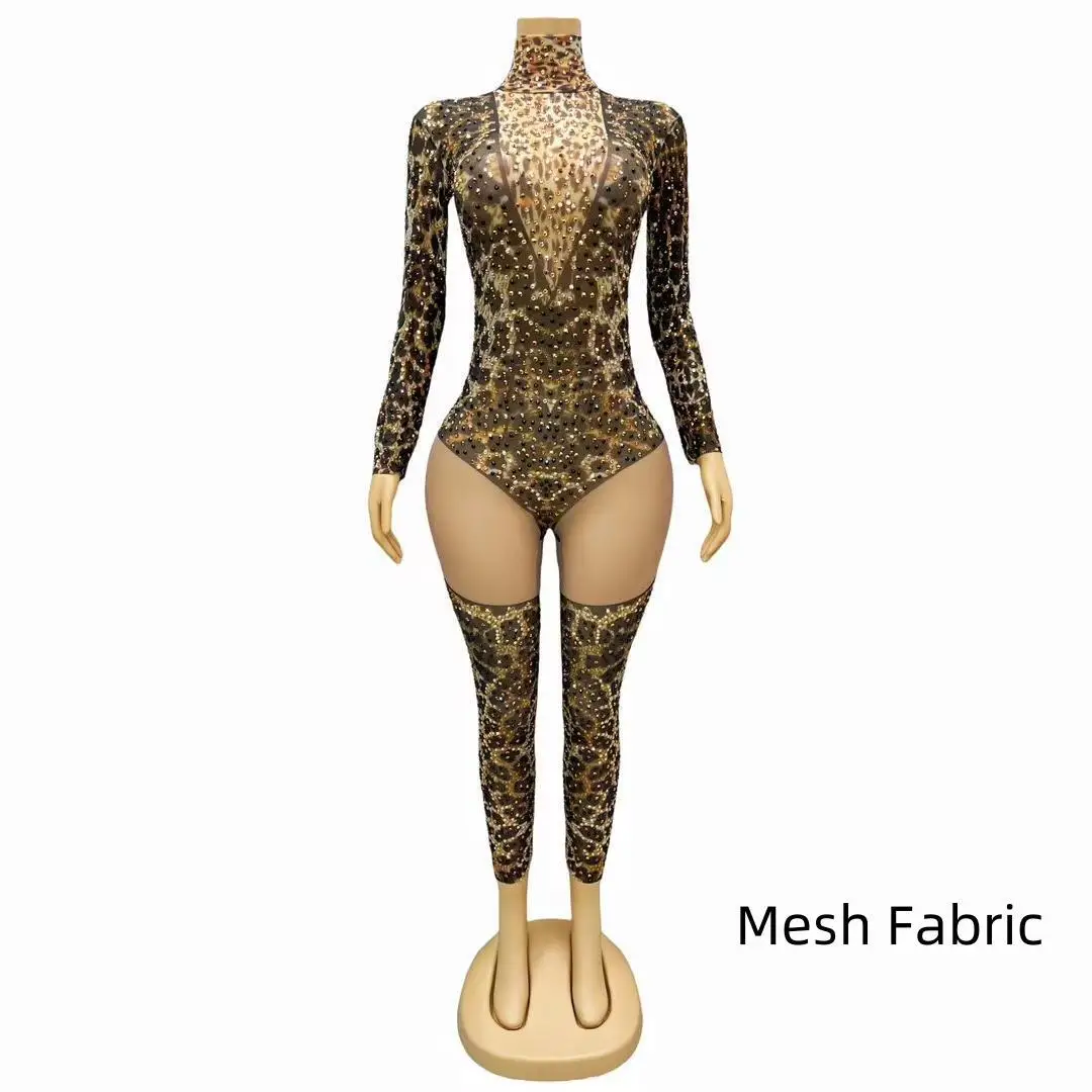 Rhinestone Leopard Mesh Jumpsuit for Female Singer Stage Costume Party Nightclub Rave Outfit Gogo Dance Clothes Liebao