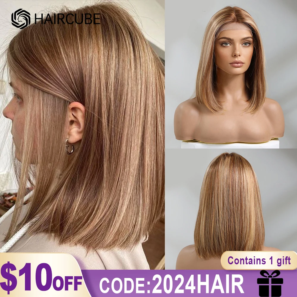 HAIRCUBE Menschliches Haar 13x1 Lace Front Perücke Schulter Lange Bob Gerade Highlight Perücken für Frauen Ombre Braun Remy haar Hitze Beständig