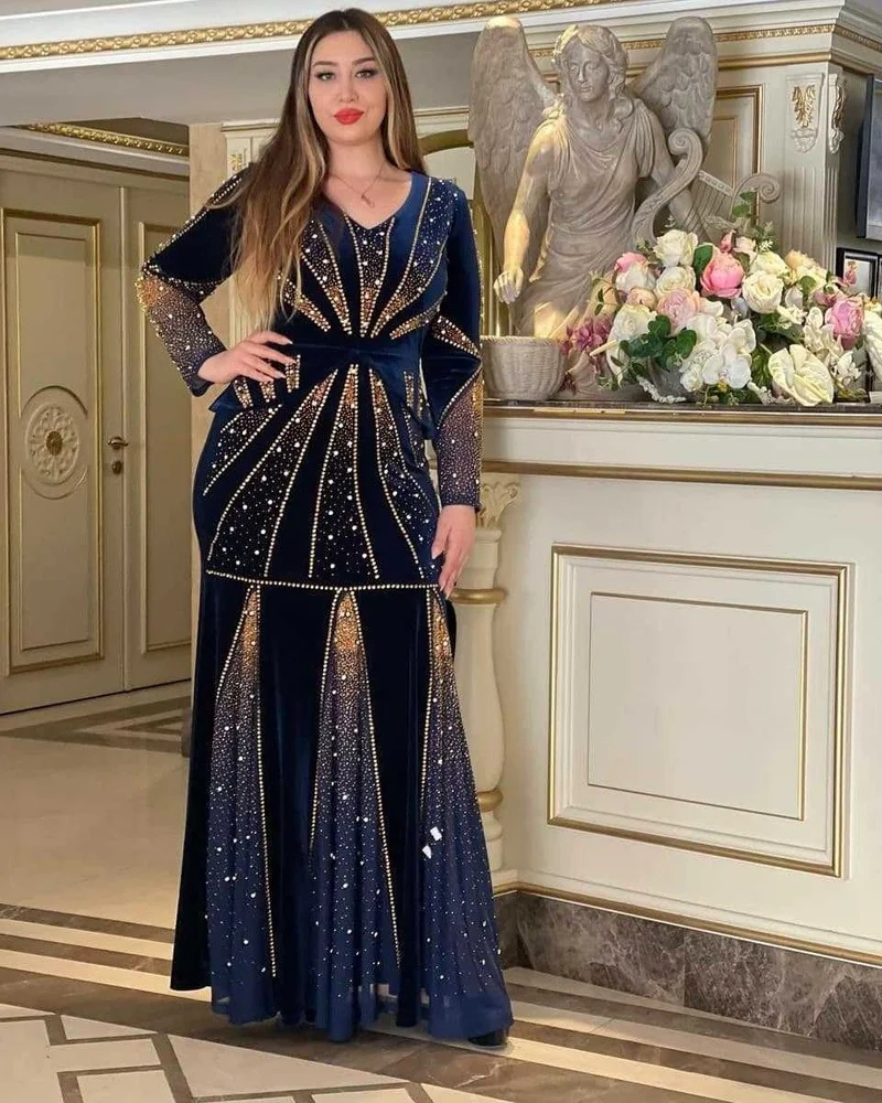 African Velvet Evening Dresses for Women Dashiki Diamond Kaftan Party Long Dress Abaya Dubai Ankara Robe Femme Africa Clothes