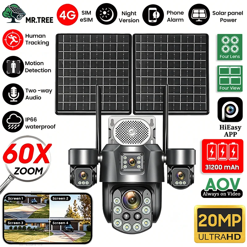 20MP AOV 24/7 Recording 4 Screen Solar Camera 31200 MAh 4G Home Outdoor Surveillance 60X Optical Zoom Auto Tracking Security Cam
