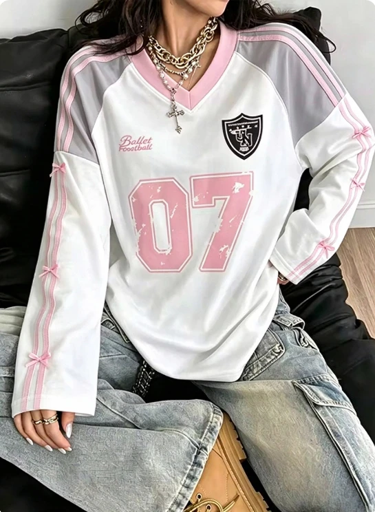 Women Y2K Ballet Football Jersey Long Sleeve Top V Neck 07 Number Print Black Bow Decor Oversized Loose Streetwear Shirt