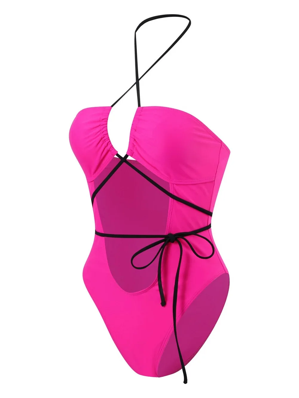 Neonrosa Einteiler-Badeanzug für Damen, Netzstoff, überkreuzte Krawatte, Taille, Bauchkontrolle, Badeanzug, sexy, tiefer V-Ausschnitt, verstellbare Strandmode