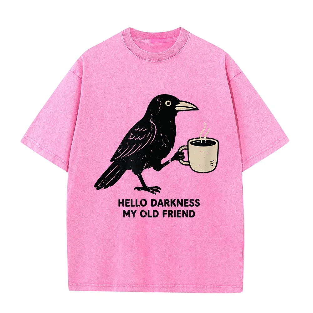 Raven Crow Coffee Funny Hello Darkness T-Shirt 오버핏 Harajuku Short Sleeve Daily 100 Printed T Shirt Men Humor Casual Tee Cotton