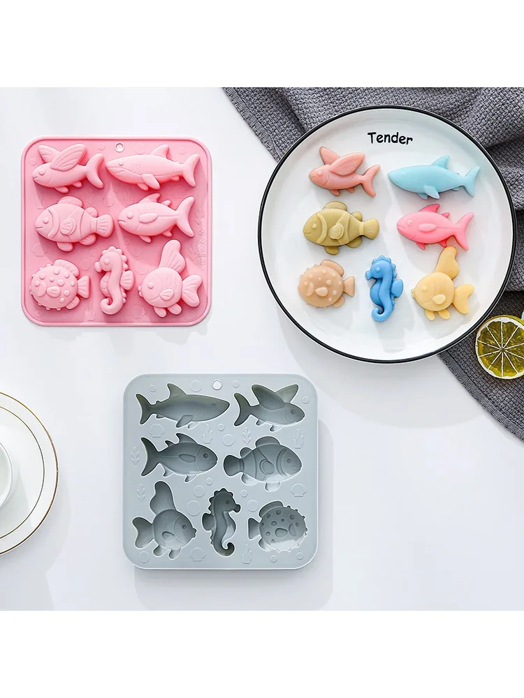Moule en Silicone de poisson marin différent à 7 cavités, bouffant d'hippocampe en forme de poisson, Fondant, bonbons, chocolat, décoration de gâteau Animal