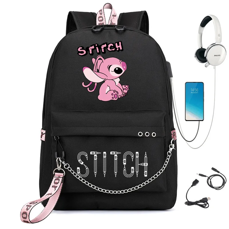 Disney Stitch Mochila para Mulheres, Carregamento USB, Sacos Escolares Kpop para Adolescentes, Laptop, Viagem, Capacidade, Original