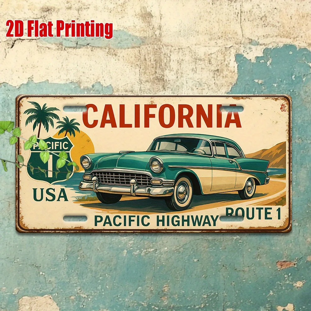 2D Flat, 1 Retro California  Metal Sign - With Palm Trees and 'Pacific Highway' Text, Suitable for Home, Bar, Garage Decoratio