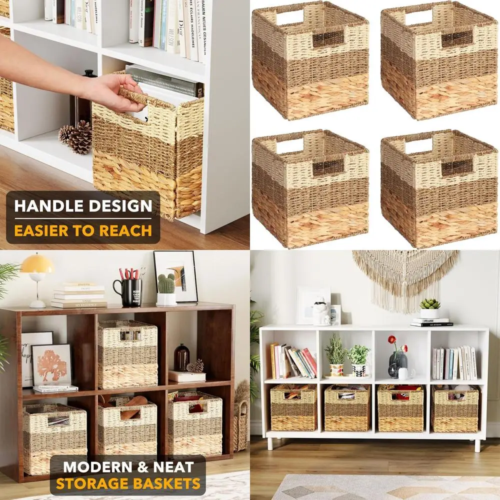 

Set of 4 Natural Wicker Storage Baskets with Handles, 10.5 Cube Organizers for Shelves