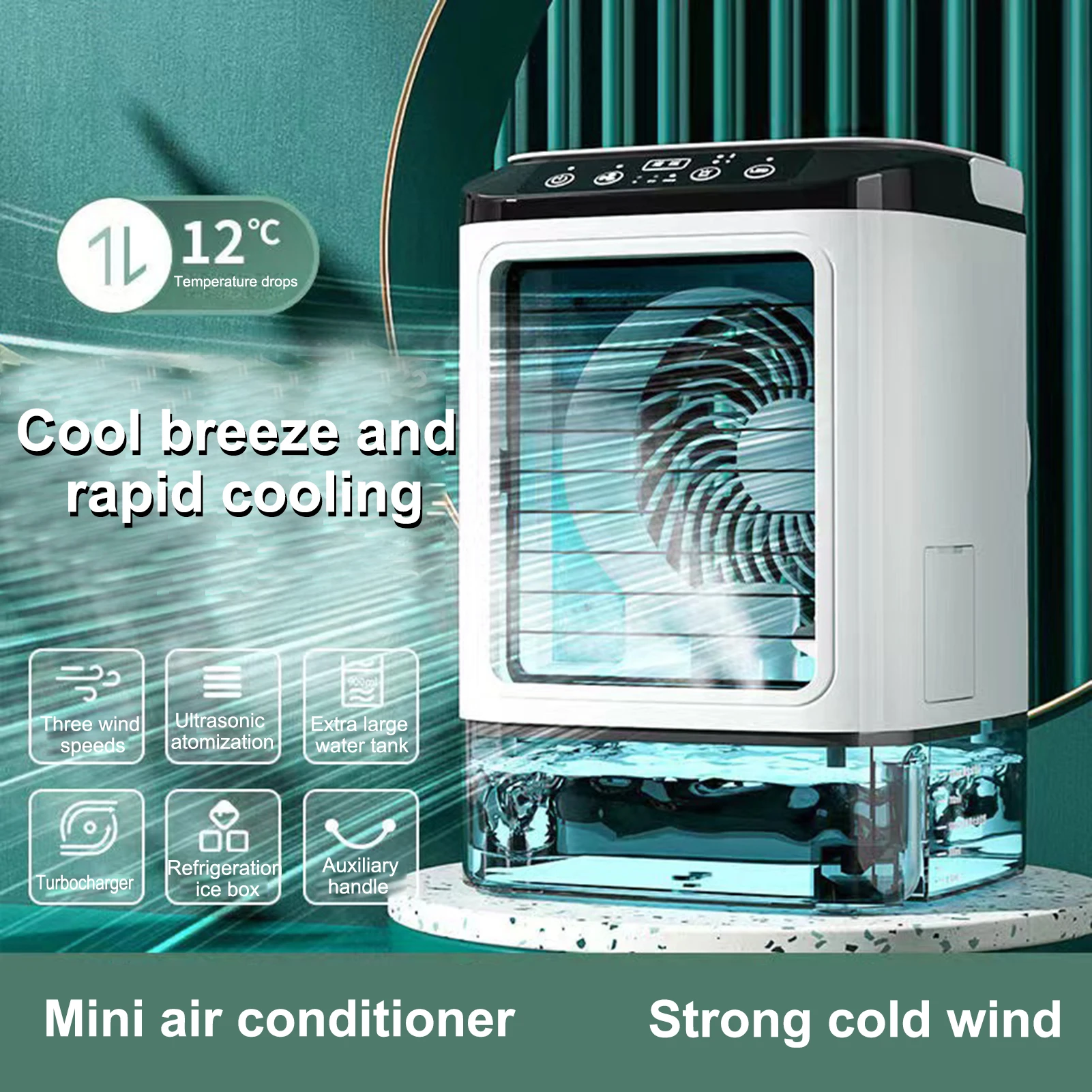 Portable Air Conditioner, Desktop Cold Fan with Colorful Atmosphere Light, Evaporative Air Cooler with Ice Box, 3 Wind Speeds