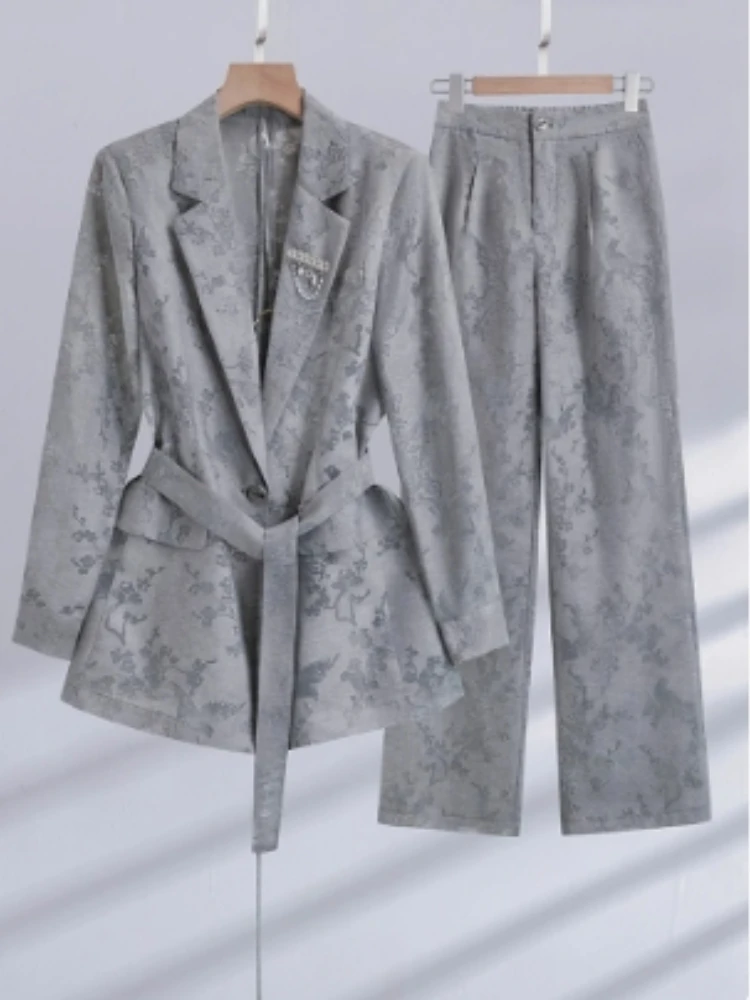 Set di pantaloni da donna 2025 Primavera Autunno Temperamento Lace Up Blazer Cappotto a vita alta Pantaloni lunghi dritti Set di due pezzi