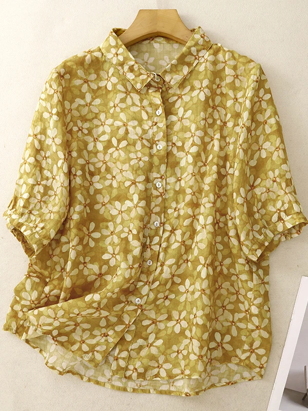 

Желтый летний топ свободного кроя с цветочным принтом для женщин, универсальный повседневный топ больших размеров, винтажный цветочный топ для работы и отдыха