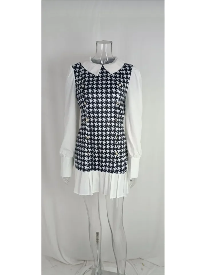 Fashion Splicing Women's High Waisted Mini Skirt 2023 Autumn New Women's Button Elegant Shirt Collar Thick Pleated Women's Dress