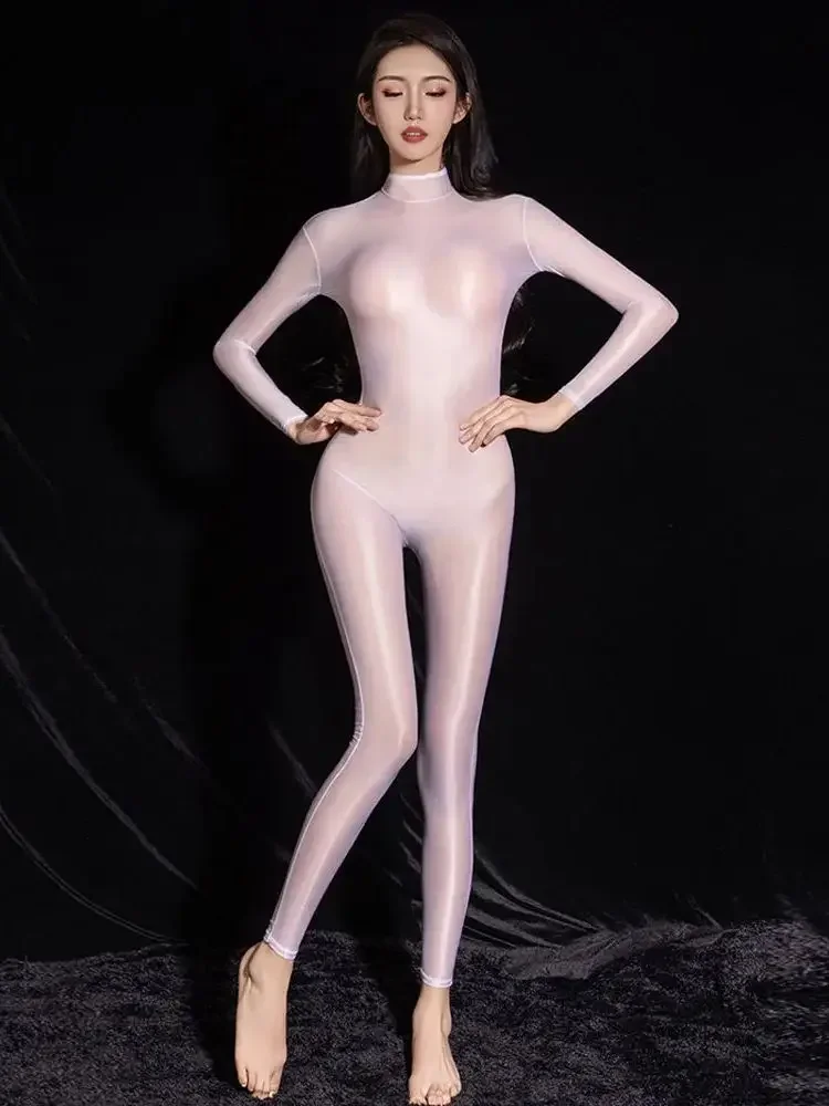 الياقة المدورة عارية الذراعين Catsuit لامعة النايلون بوديستوكينج سلس المنشعب الجوارب يوتار الملتصقة مثير ملابس داخلية شفافة Unitard