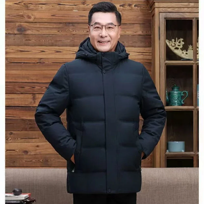 Down Jacket Winter Dad Thick Large Size Middle-aged and Elderly Men White Duck Down Middle-aged Warm Coat Can Be Detachable Cap