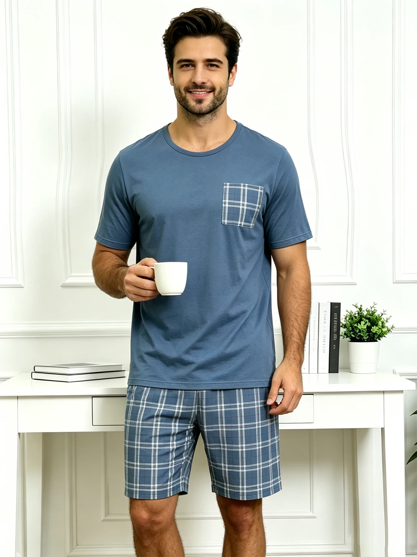Pyjama-Set mit Buchstaben-Bär-Aufdruck, kurzärmliges Oberteil und lockere Shorts, atmungsaktiver Stoff, große Passform, Herren-Loungewear, Nachtwäsche, Pjs – Detail 22