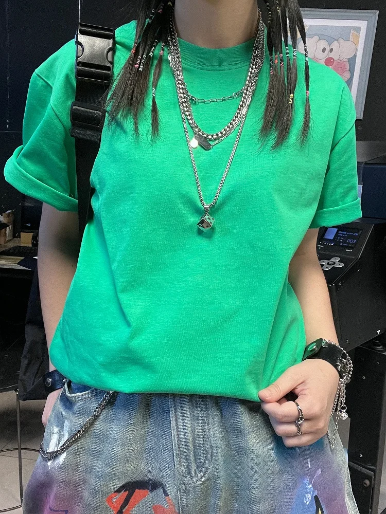 Heavyweight 260G  Color! Simple High-End Loose Student Short Sleeve T-Shirt in Grass Green for Youth Summer Fashion