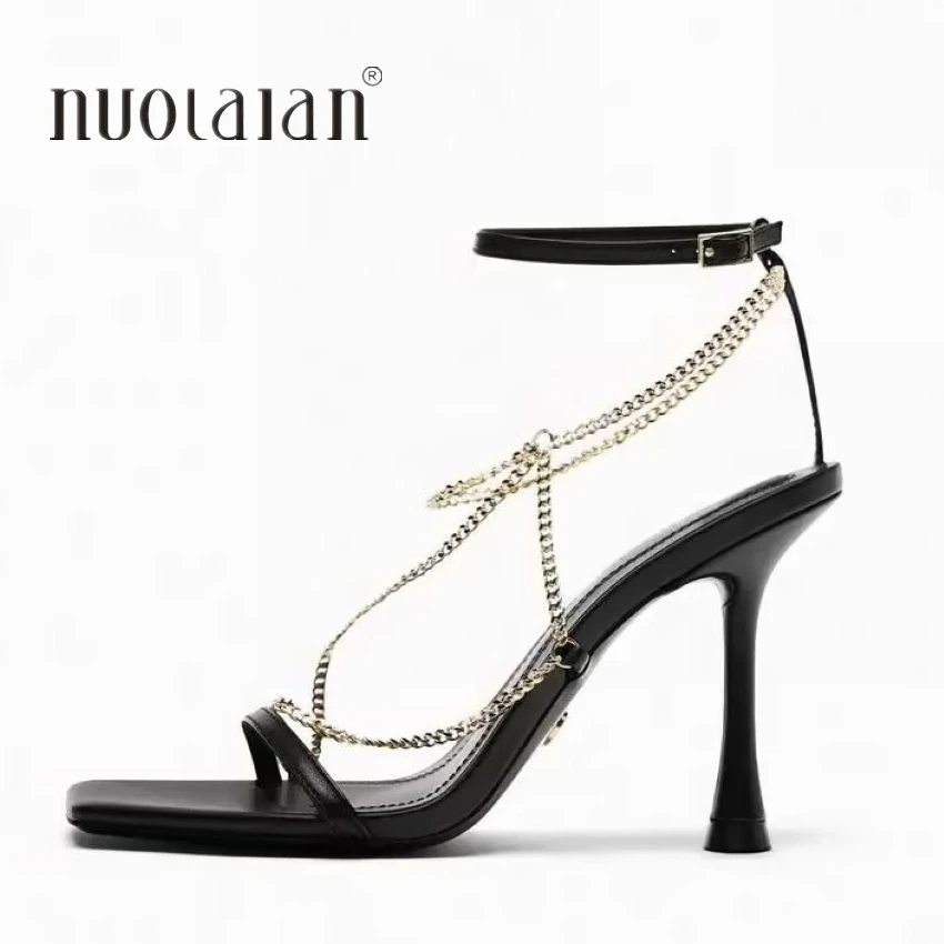 2024 Gladiator Sandals Summer High Heels Sandal Shoes Fashion Gold Chain Sexy Thin High Heel Pumps Square Toe Shoes Women