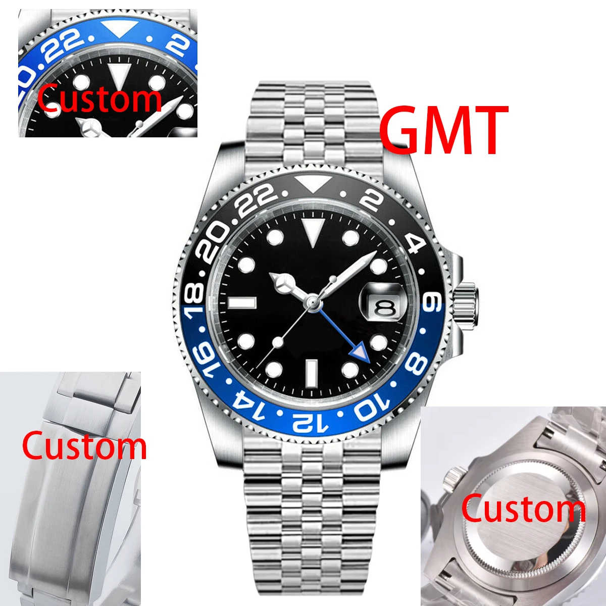 

40MM Custom Logo New Men Mechanical Wristwatch Jubilee Stainless Quartz GMT Watch Sapphire Glass Men Watches Waterproof Luminous