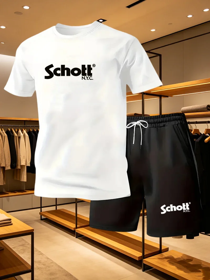 Traje Casual para Hombre, Moderno y Minimalista, con Estampado de Letras SCHOTT, Deportivo, de Verano, de Secado Rápido, Camiseta de Manga Corta y Pantalones Cortos