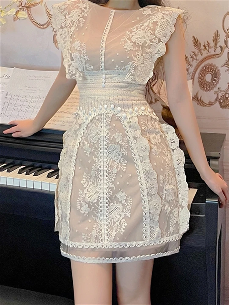 Haftowana z wysokim stanem koronka z krótkim rękawem elegancka sukienka urodzinowa dla kobiet sukienka damska Vintage wieczorowa Maxi Vestido wiosna