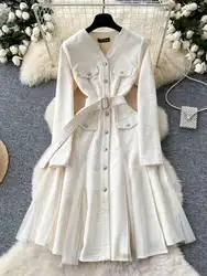 Autumn Vintage Long Sleeve Mesh Tulle Tweed Woolen Midi Dresses Women's Pearls Golden Single Breasted Diamonds Belt Clothing