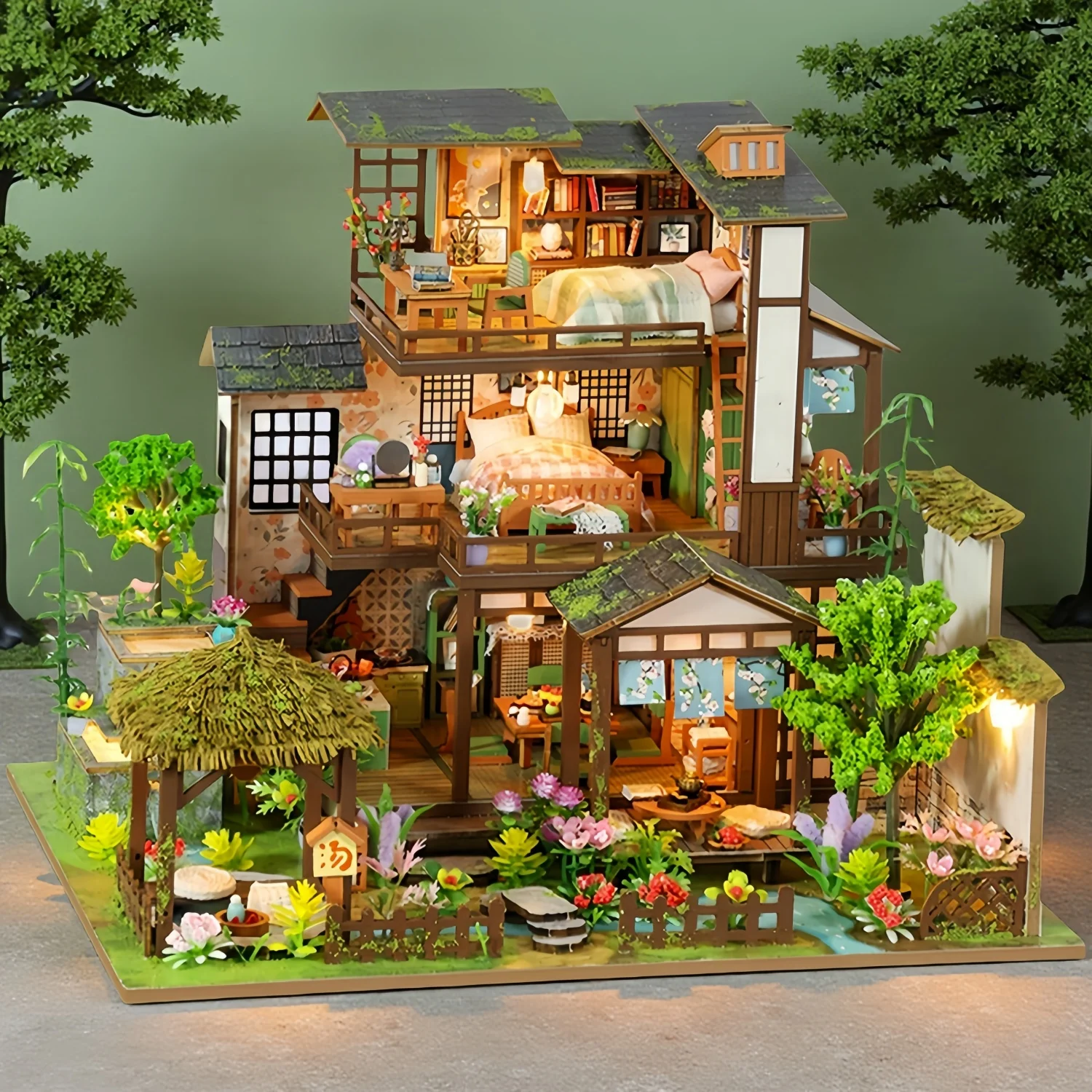 DIY Wooden Bamboo Spring Courtyard Casa Miniature Building Kits Bookend Assembled Dollhouses Bookshelf Home Decor Friends Gifts