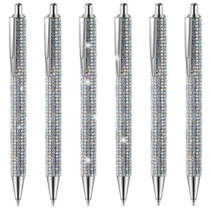 ABJG-6 Pcs Cute Pen Bling Diamond Pens Christmas Rhinestones Gift Silver Metal Ballpoint Pens Fancy