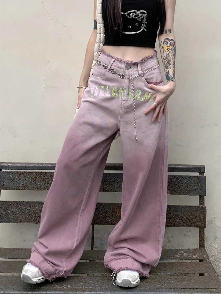 REDDACHiC Hiphop Women Diamond Letter Baggy Jeans High Waist Frayed Graphic Gradient Wash Vintage Wide Leg Pants Y2k Streetwear