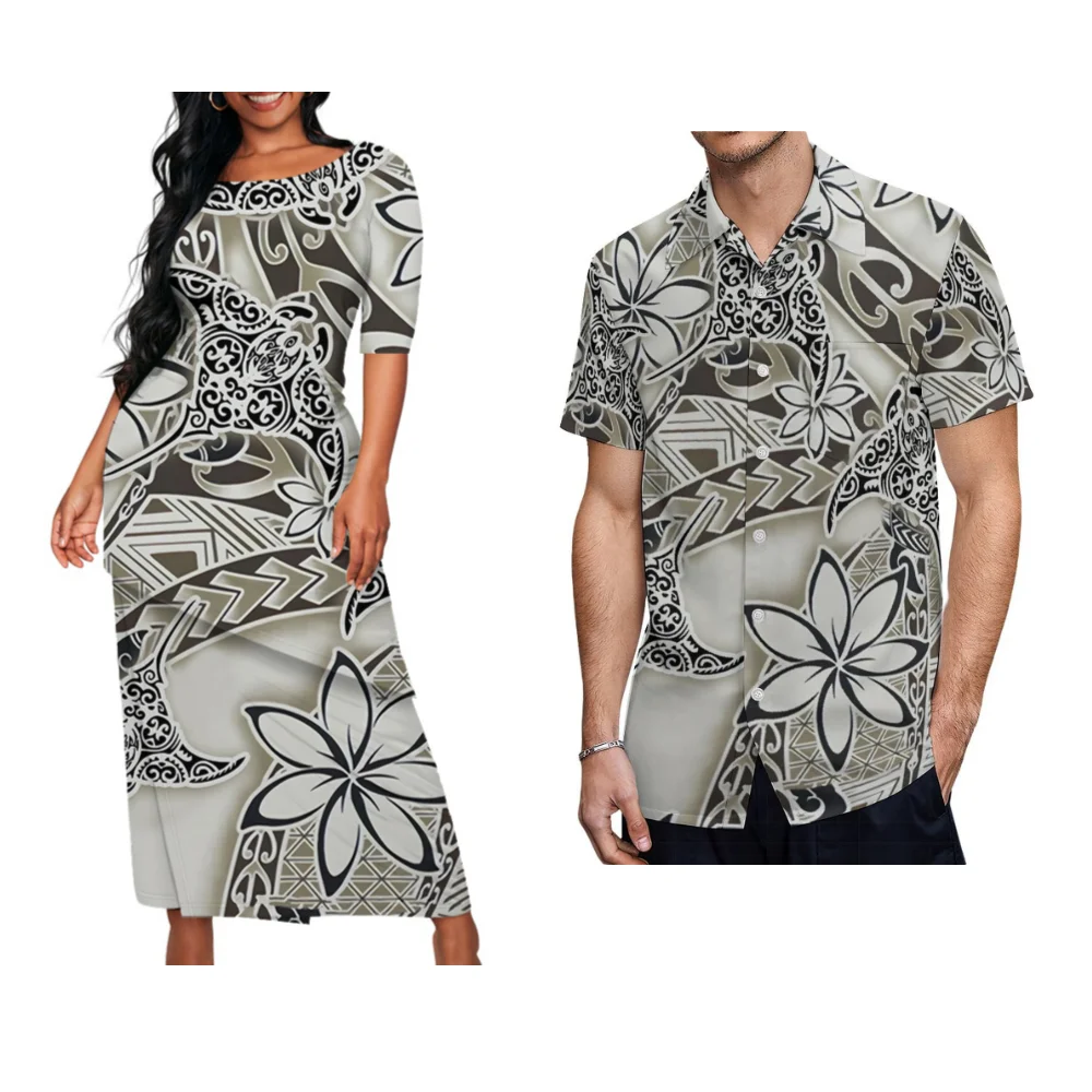 Pacific Islands New Puletasi Women'S Slim-Fit Top Slant Design Loose Skirt Custom Polynesian Pattern Pair Suit Men'S Shirt