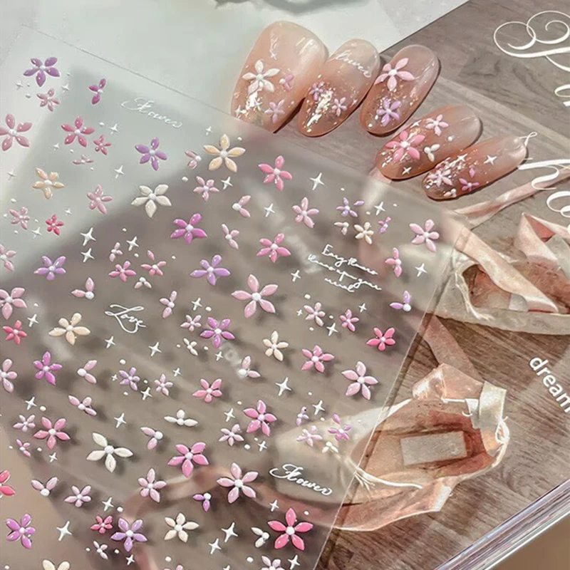 2Pcs 5D Embossed Flower Nail Stickers Gentle Colorful Five Petal Cherry Blossom Nail Decals DIY Nail Art Decorations