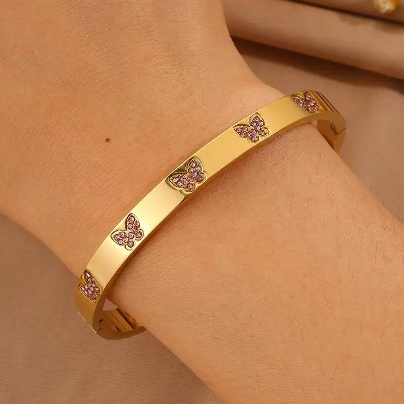 Trendy Butterfly Zircon Bracelet Golden Stainless Steel Bracelet for Women Girls Elegant Daily Wear Party Stackable Jewelry Gift